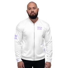 Carica l&#39;immagine nel visualizzatore di Gallery, TRISTAN SPARKS &#39;PURP&#39; Unisex Bomber Jacket White
